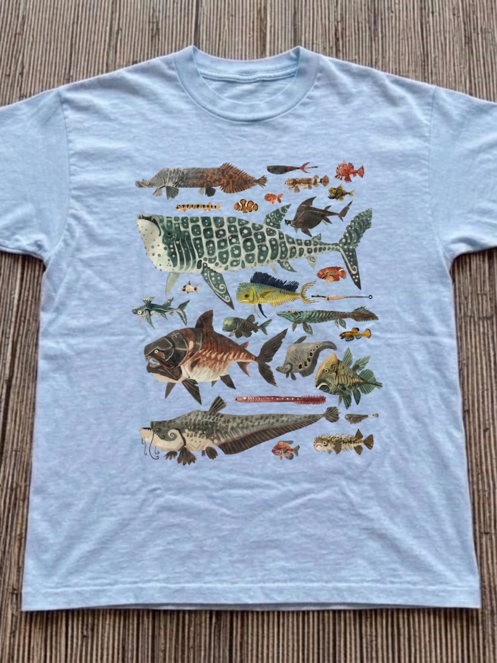 Gildan Light Blue Tee with Colorful Fish Illustration